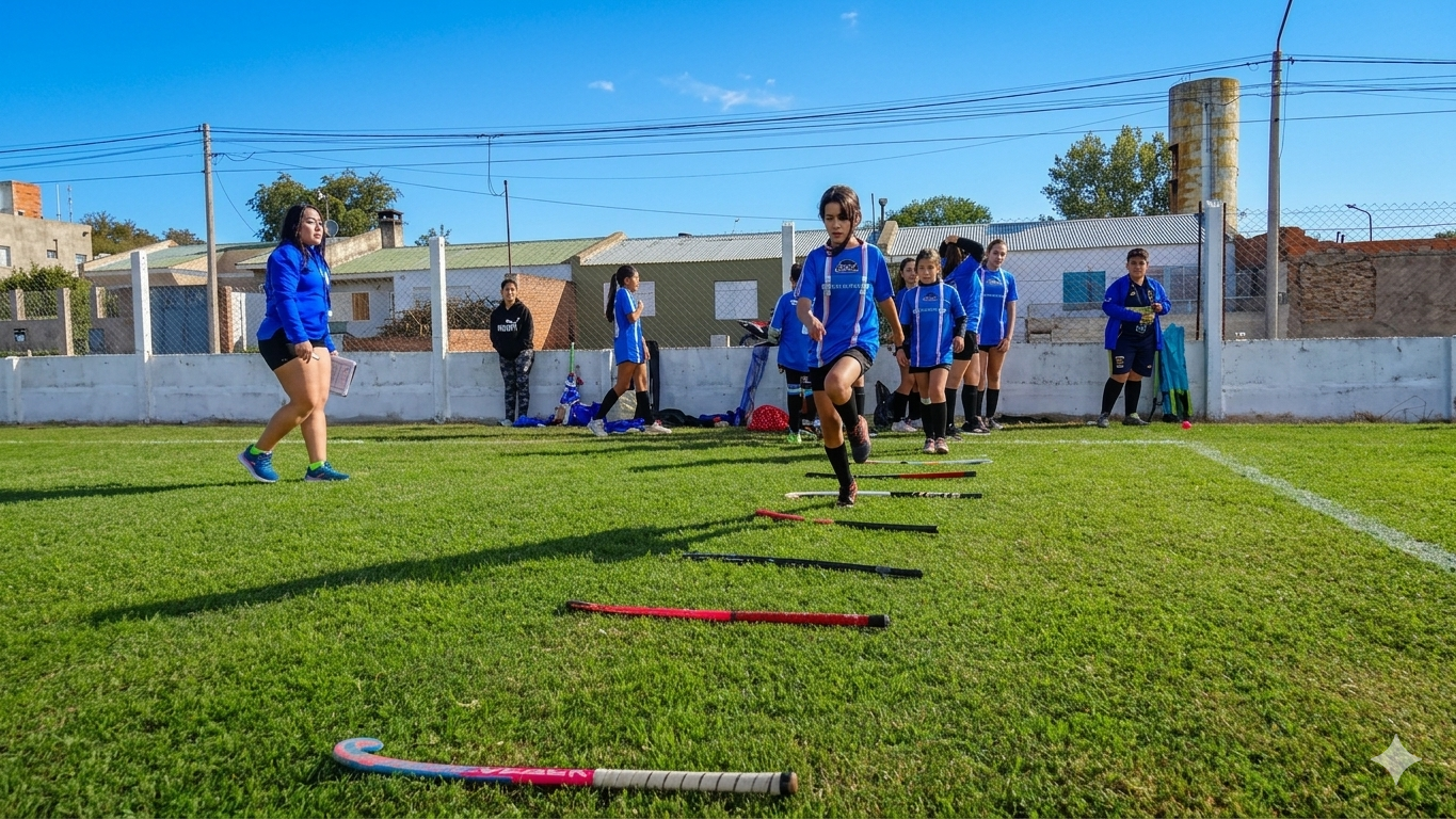 Niña saltando con palo de hockey en Reinventar Tandil